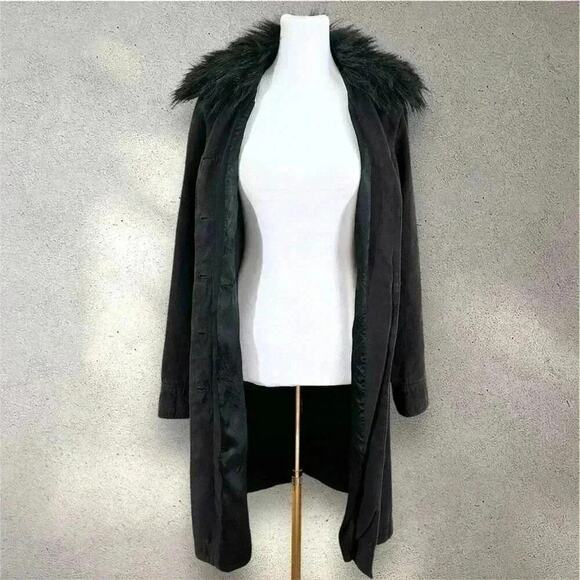 Vintage GUESS Faux Fur Mid Length Trench Coat RARE Jacket in Black Sz. Small - Picture 4 of 16